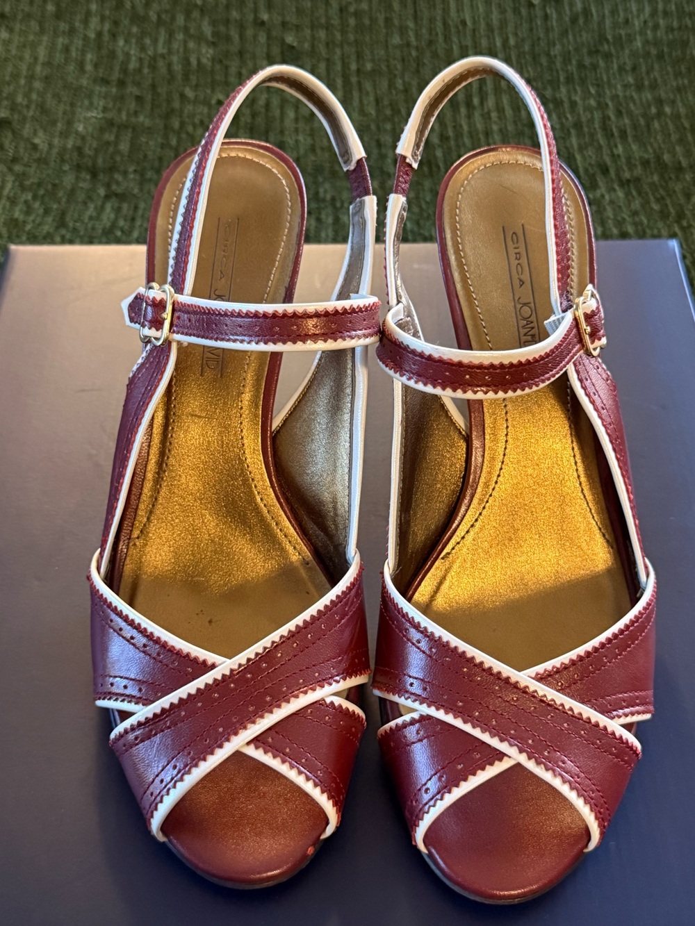 Joan & David Burgundy and White Crisscross Slingback Heels